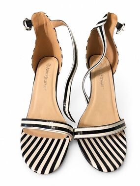 Ashley Stewart Black & White Striped Ankle-Strap Heels